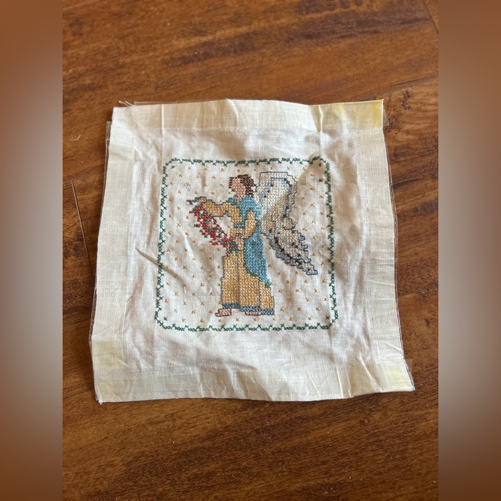 Handmade Cross Stitch Angel in Gold and Blue